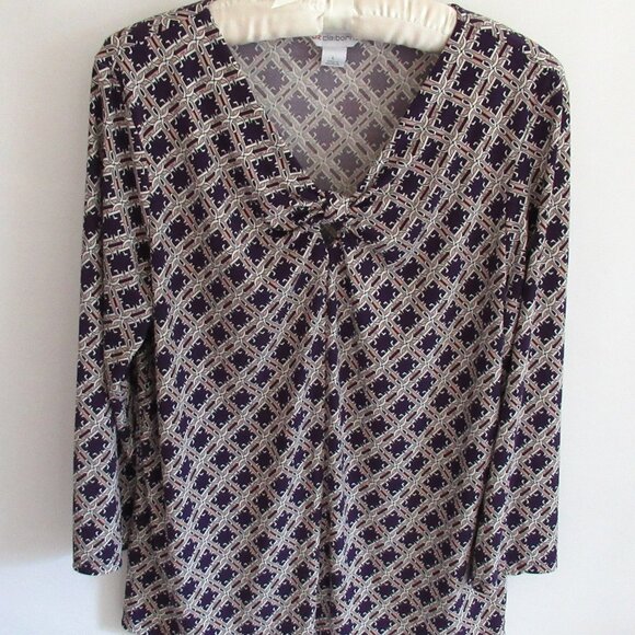 Liz Claiborne purple tan V-neck center knot 3/4 sleeve stretch top *Sz L* - Picture 1 of 3